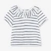 Blouse Rayée Bébé Manches Courtes En Jersey PETIT BATEAU Blanc Rayé Marine - Petit Bateau