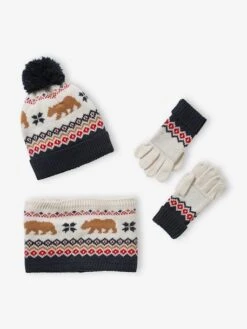 Coffret Noël Garçon Bonnet + Snood + Gants Ours Bleu Nuit - Vertbaudet -Magasin De Vêtements Pour Bé Soldes coffret noel garcon bonnet snood gants ours 2