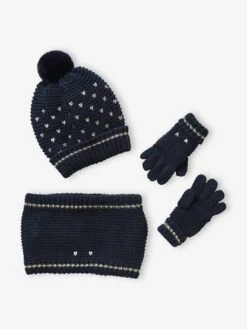 Ensemble Bonnet + Snood + Gants Coeurs Fille Encre Imprimé - Vertbaudet -Magasin De Vêtements Pour Bé Soldes ensemble bonnet snood gants coeurs fille 2