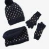 Ensemble Bonnet + Snood + Gants Coeurs Fille BASICS Encre Imprimé - Vertbaudet