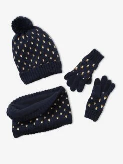 Ensemble Bonnet + Snood + Gants Coeurs Fille BASICS Encre Imprimé - Vertbaudet