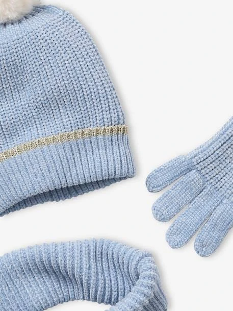 Ensemble Bonnet + Snood + Gants Maille Chenille Fille Bleu Clair - Vertbaudet 6 Ensemble Bonnet + Snood + Gants Maille Chenille Fille Bleu Clair - Vertbaudet – Image 6