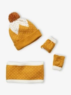 Ensemble Bonnet + Snood + Gants Maille Jacquard Dorée Jaune Imprimé - Vertbaudet