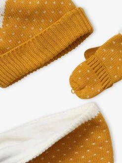 Ensemble Bonnet + Snood + Gants Maille Jacquard Dorée Jaune Imprimé - Vertbaudet -Magasin De Vêtements Pour Bé Soldes ensemble bonnet snood gants maille jacquard doree 5