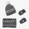 Ensemble Bonnet + Snood + Moufles Transformables En Mitaines Coeurs Fille Gris Moyen Chine - Vertbaudet
