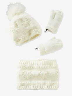 Ensemble Cœurs Fille Bonnet + Snood + Gants écru - Vertbaudet -Magasin De Vêtements Pour Bé Soldes ensemble coeurs fille bonnet snood gants 3