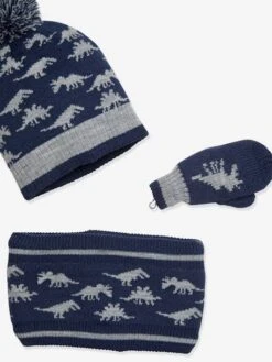 Ensemble Dino Garçon Bonnet + Snood + Gants Bleu - Vertbaudet -Magasin De Vêtements Pour Bé Soldes ensemble dino garcon bonnet snood gants 2