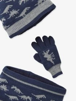 Ensemble Dino Garçon Bonnet + Snood + Gants Bleu - Vertbaudet -Magasin De Vêtements Pour Bé Soldes ensemble dino garcon bonnet snood gants 3