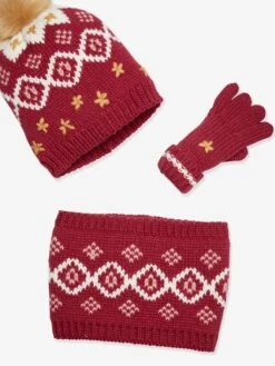 Ensemble Fille Bonnet + Snood + Gants Jacquard Framboise - Vertbaudet -Magasin De Vêtements Pour Bé Soldes ensemble fille bonnet snood gants jacquard 9