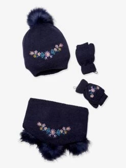 Ensemble Fille Bonnet + Snood + Mitaines Brodé Fleurs Encre - Vertbaudet