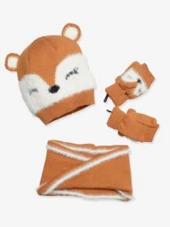 Ensemble Fille Bonnet + Snood + Mitaines Ours Beige - Vertbaudet