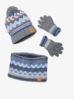 Ensemble Garçon Bonnet + Snood + Gants Bleu Chiné - Vertbaudet -Magasin De Vêtements Pour Bé Soldes ensemble garcon bonnet snood gants 2
