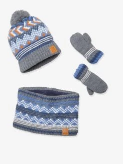Ensemble Garçon Bonnet + Snood + Gants Bleu Chiné - Vertbaudet -Magasin De Vêtements Pour Bé Soldes ensemble garcon bonnet snood gants 3