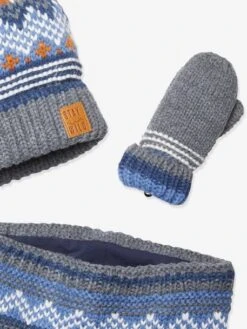Ensemble Garçon Bonnet + Snood + Gants Bleu Chiné - Vertbaudet -Magasin De Vêtements Pour Bé Soldes ensemble garcon bonnet snood gants 5