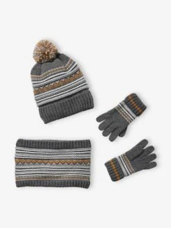 Ensemble Garçon Bonnet + Snood + Gants En Maille Jacquard Gris - Vertbaudet