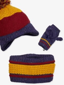 Ensemble Garçon Bonnet + Snood + Mitaines Brique Rayé - Vertbaudet -Magasin De Vêtements Pour Bé Soldes ensemble garcon bonnet snood mitaines 8