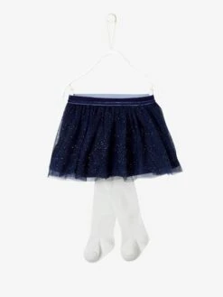 Ensemble Jupe De Fête En Tulle Pailleté Et Collant Bébé Bleu Indigo - Vertbaudet -Magasin De Vêtements Pour Bé Soldes ensemble jupe de fete en tulle paillete et collant bebe 3