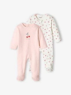Lot De 2 Dors-bien "cerise" Bébé Fille Interlock Rose Pâle - Vertbaudet