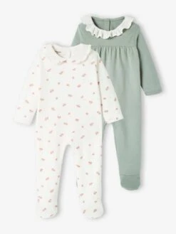 Lot De 2 Dors-bien Interlock Bébé Fille Col En Gaze De Coton Vert Sauge - Vertbaudet