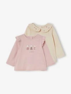 Lot De 2 T-shirts Romantiques Bébé Manches Longues Rose Pale - Vertbaudet