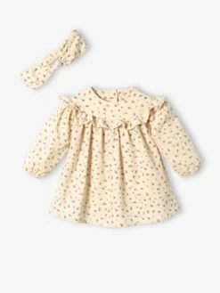 Robe à Volant Bébé En Velours Et Son Bandeau Assorti Marine Imprimé - Vertbaudet