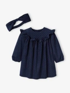 Robe à Volant Bébé En Velours Et Son Bandeau Assorti Marine Imprimé - Vertbaudet -Magasin De Vêtements Pour Bé Soldes robe a volant bebe en velours et son bandeau assorti 4