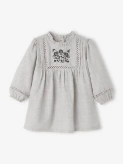 Robe Avec Plastron Brodé Bébé Vert Grisé - Vertbaudet