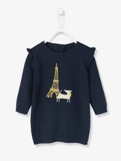 Robe Bébé En Tricot Brodé Chien Bleu Foncé - Vertbaudet