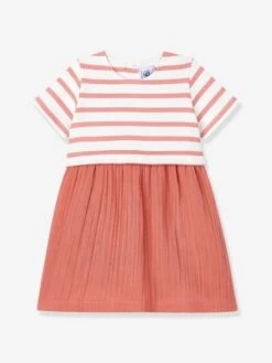 Robe Bi-matière En Gaze De Coton Et Jersey épais Bio Bébé - PETIT BATEAU Corail - Petit Bateau