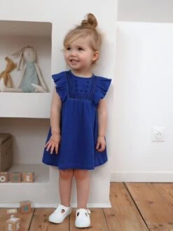 Robe Brodée En Gaze De Coton Bébé Bleu - Vertbaudet