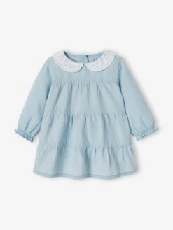 Robe En Denim Bébé Col En Broderie Anglaise Denim Bleached - Vertbaudet -Magasin De Vêtements Pour Bé Soldes robe en denim bebe col en broderie anglaise 2