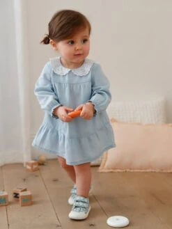 Robe En Denim Bébé Col En Broderie Anglaise Denim Bleached - Vertbaudet