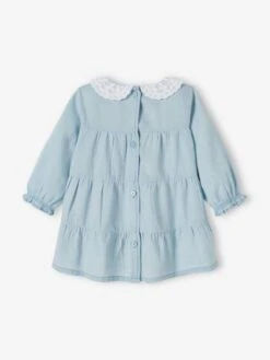 Robe En Denim Bébé Col En Broderie Anglaise Denim Bleached - Vertbaudet -Magasin De Vêtements Pour Bé Soldes robe en denim bebe col en broderie anglaise 3