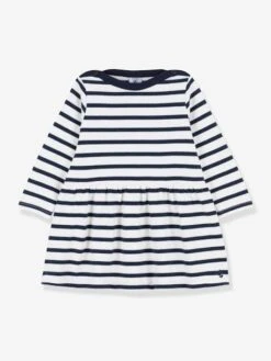Robe Manches Longues Iconique En Jersey épais Bio Bébé - PETIT BATEAU Blanc Rayé Marine - Petit Bateau