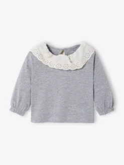 T-shirt Avec Col En Broderie Anglaise Bébé Gris Chiné - Vertbaudet