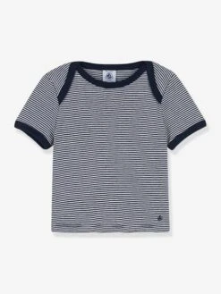 T-shirt Rayé Milleraies Bébé Manches Courtes PETIT BATEAU En Coton Bio Marine Rayé Blanc - Petit Bateau